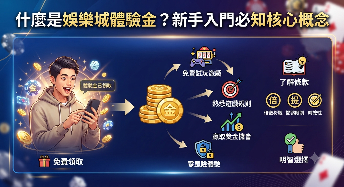 圖片展示了一位年輕人使用手機領取娛樂城體驗金的畫面,並透過圖解說明新手入門的核心概念與免費試玩流程。 上方醒目標題為「什麼是娛樂城體驗金?新手入門必知核心概念」。