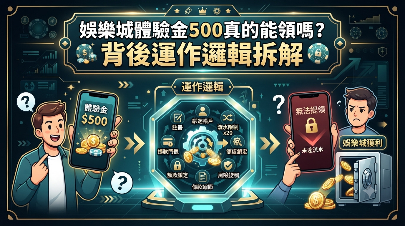 這張資訊圖表以「娛樂城體驗金500真的能領嗎?背後運作邏輯拆解」為標題,對比了領取體驗金前後的心理預期與實際狀況。 左側顯示用戶對於能領取500元感到興奮,右側則顯示用戶因無法提領、且金流進入娛樂城保險箱而感到困惑的現實。